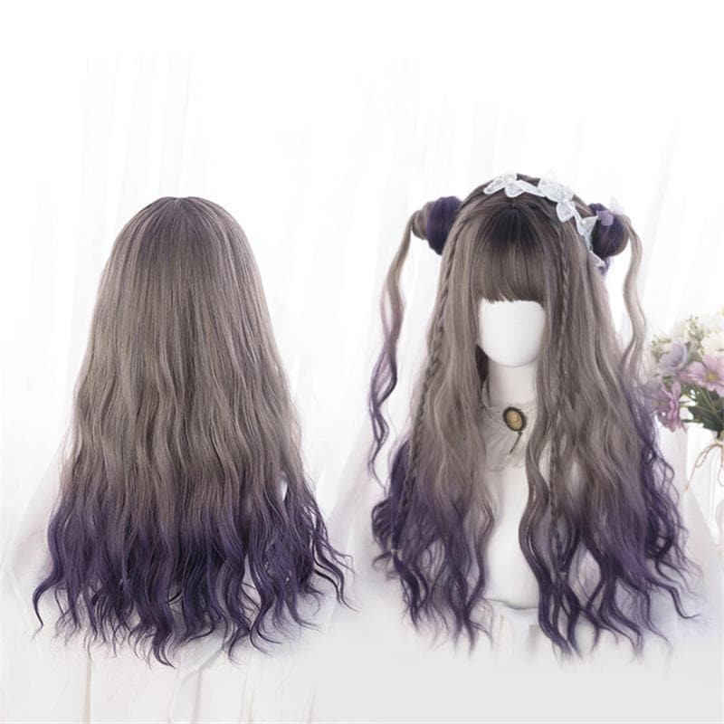 Free Shipping For Hivava Cute Lolita Gray Gradient Dark Purple Curly Wig