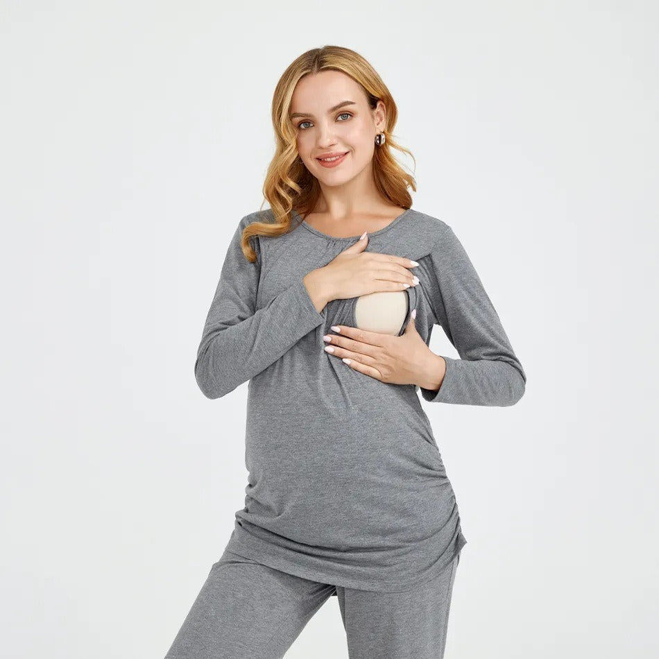 Free Shipping ForNew European and American solid color round neck long sleeved pants lactating maternity suit