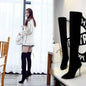 Black Suede Point Toe Strap High Heel Over Knee Boots