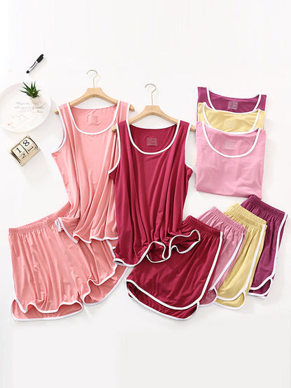 Solid Color Sleeveless Loose Vest Top + Elasticity Pleated Shorts Bottom Pajama Sets