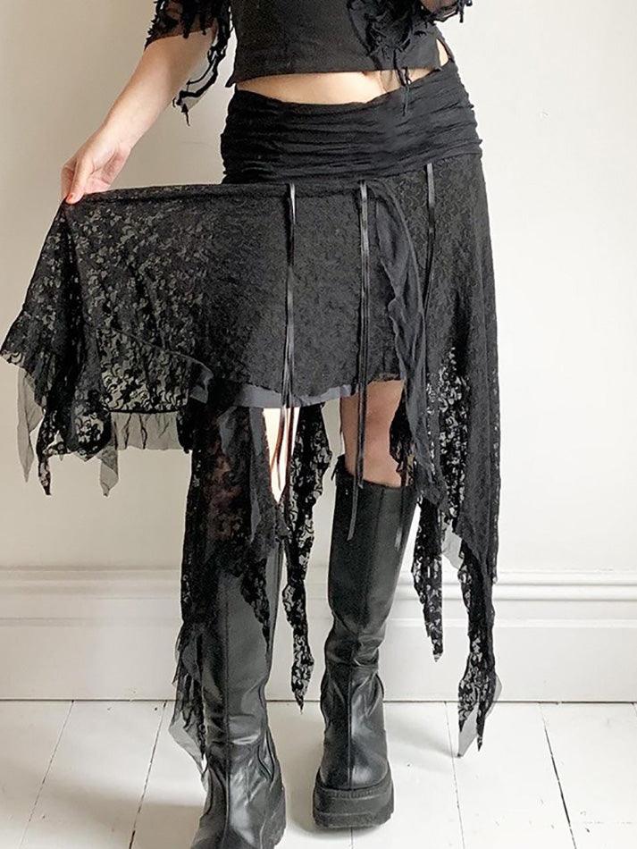 Irregular Hem Design With Wavy Edge Lace Splicing Skirts