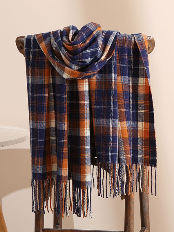 Original Creation Contrast Color Plaid Tasseled Shawl&Scarf-Homeunderwear