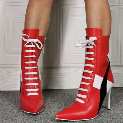 Red PU Point Toe Strap High Heel Calf Boots