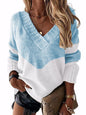 Casual Long Sleeves Loose Contrast Color V-Neck Sweater Tops-Homeunderwear