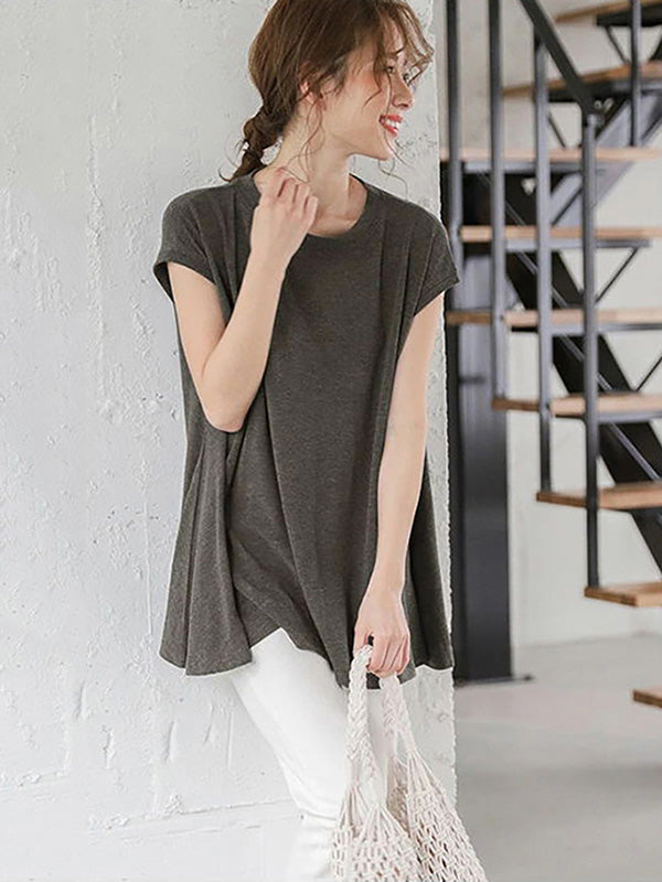 Casual Simple Loose Solid Color Pleated Round-Neck Short Sleeves T-Shirt Tops