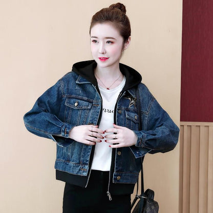 Fashion Hooded Loose Denim Coat Fake Two-Piece Set