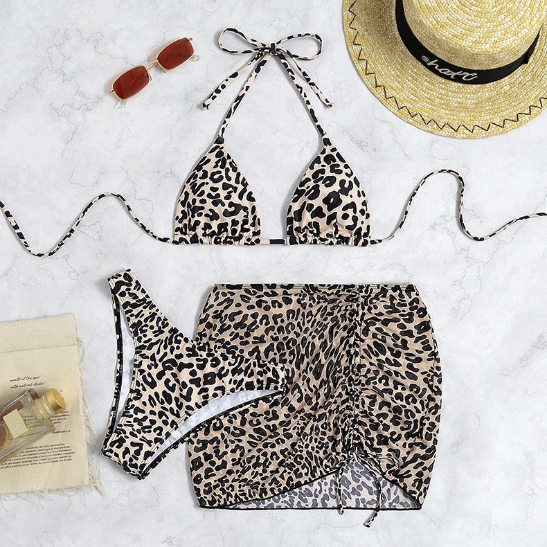 Leopard Print High-waist Three-piece Bikini Swimsuit