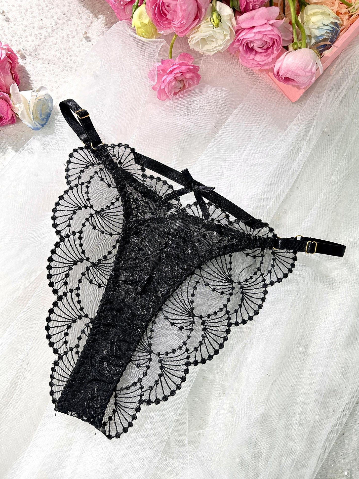 Free Shipping For Black Embroidered Thong