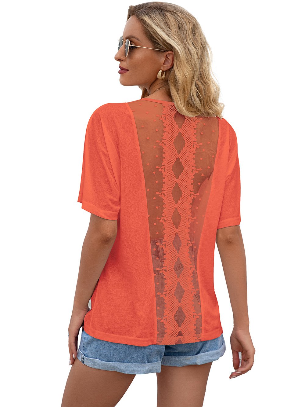 Round neck short sleeve cut out lace stitching T-shirt