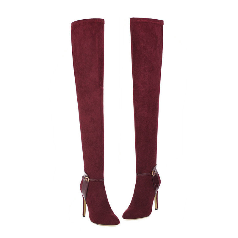 Autumn And Winter Pointed Ultra-Fine High Heel Elastic Velvet Knee High Boots-Homeunderwear