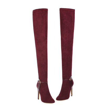 Autumn And Winter Pointed Ultra-Fine High Heel Elastic Velvet Knee High Boots-Homeunderwear