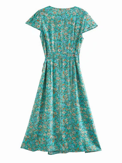 Charming Tea Dress In Turquoise Floral Print