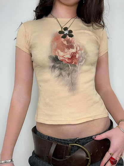 Short Sleeve Rose Print Slim-Fit Crop T-Shirt