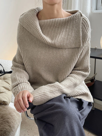 Casual Loose Long Sleeves Solid Color Lapel Sweater Tops-Homeunderwear