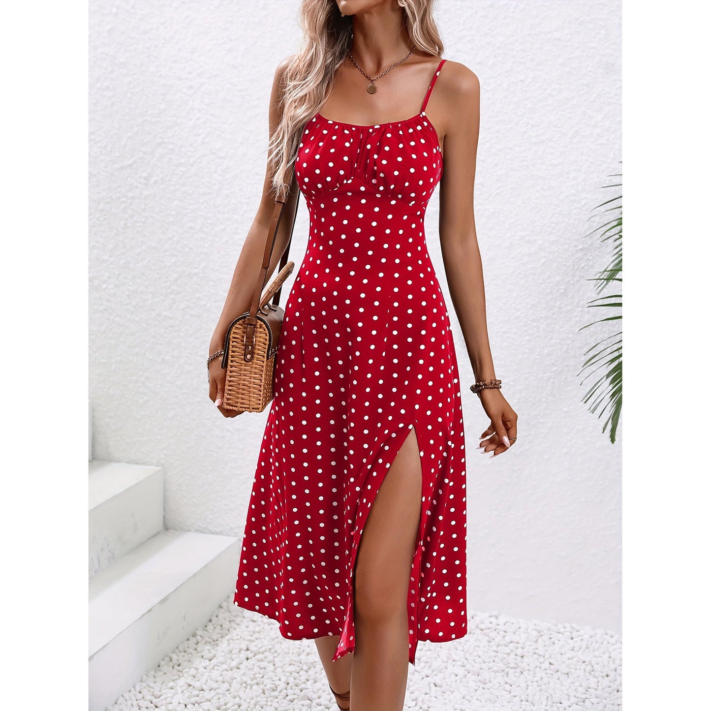 Free Shipping ForNew Polka Dot Print Suspender Dress Summer Sexy Slit Long Dresses For Womens Clothing