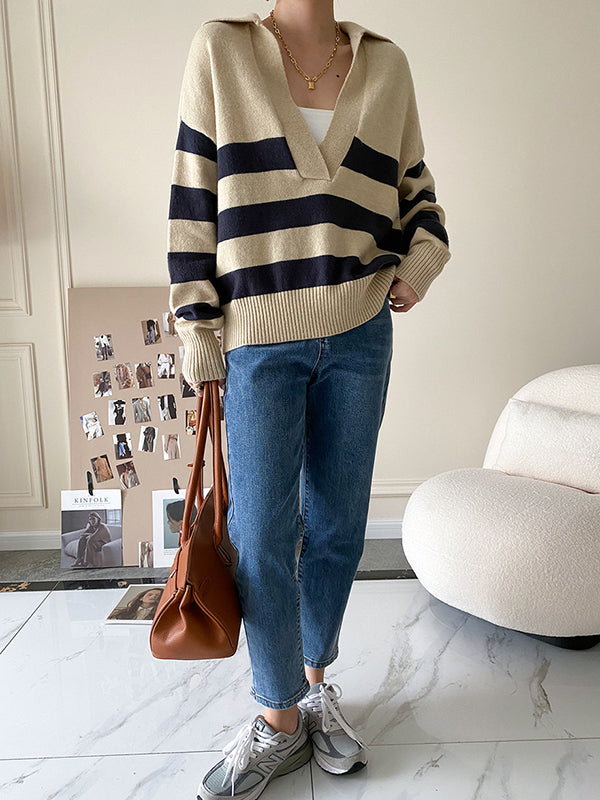 Original Creation Loose Long Sleeves Contrast Color Striped Deep V-Neck Sweater Tops