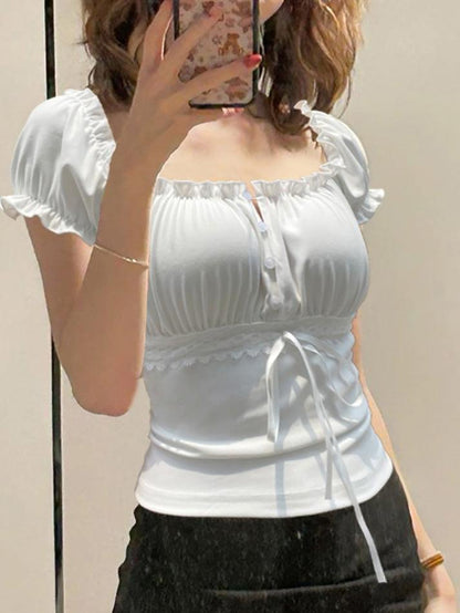 Ruffle Tie Solid White Bubble Sleeve Tee