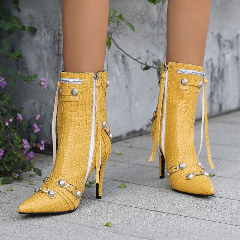 Metallic Stone Pattern Fringed Short Slim High Heels Boots-Homeunderwear