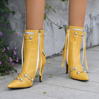 Metallic Stone Pattern Fringed Short Slim High Heels Boots-Homeunderwear