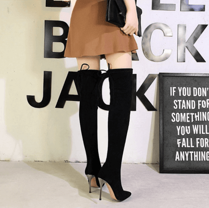 Black Suede Point Toe Strap High Heel Over Knee Boots