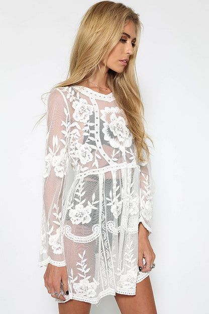 Pure Color Bohemian Lace Transparent Long Trumpet Sleeves Short Dress