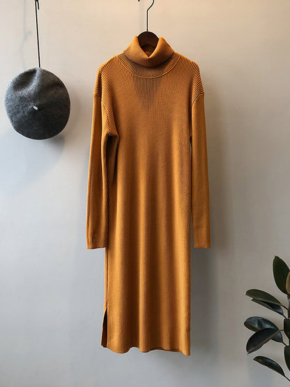 Urban Loose Long Sleeves Split-Side Solid Color High-Neck Sweater Dresses-Homeunderwear