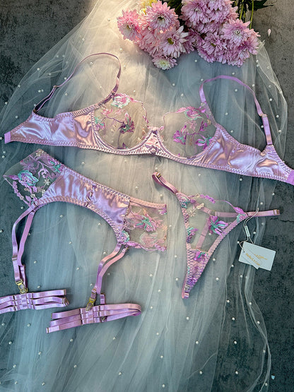 Free Shipping For  Mesh Embroidered  Floral Lingerie Set