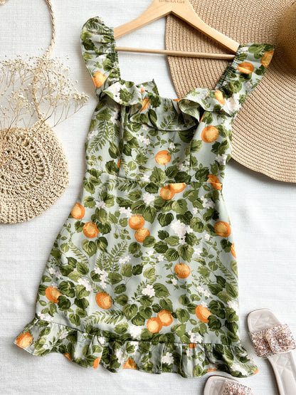 Free Shipping For Florals Print Ruffle Trim Sleeveless Green Mini Dress