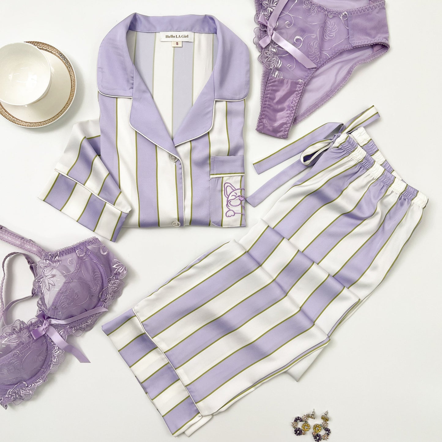 Free Shipping For Purple & White Stripes Silky Satin Pajamas Set