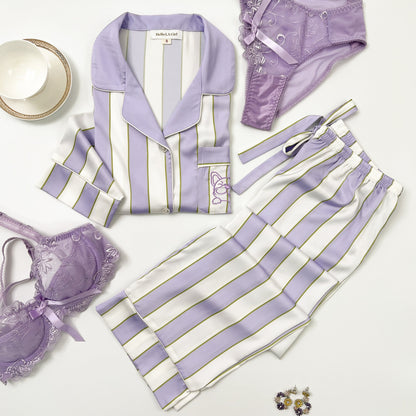 Free Shipping For Purple & White Stripes Silky Satin Pajamas Set