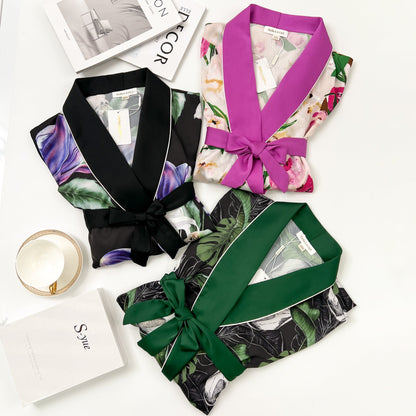 Free Shipping For Tropical Print Green Silky Satin Robe With Belt