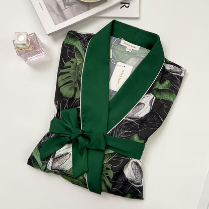 Free Shipping For Tropical Print Green Silky Satin Robe With Belt
