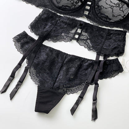 Free Shipping For Black Floral Lace Trim Garter Belt Lingerie