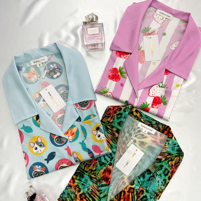 Free Shipping For Cats Print Blue Sleep Shirt Silky Satin Pajamas Sleepshirt