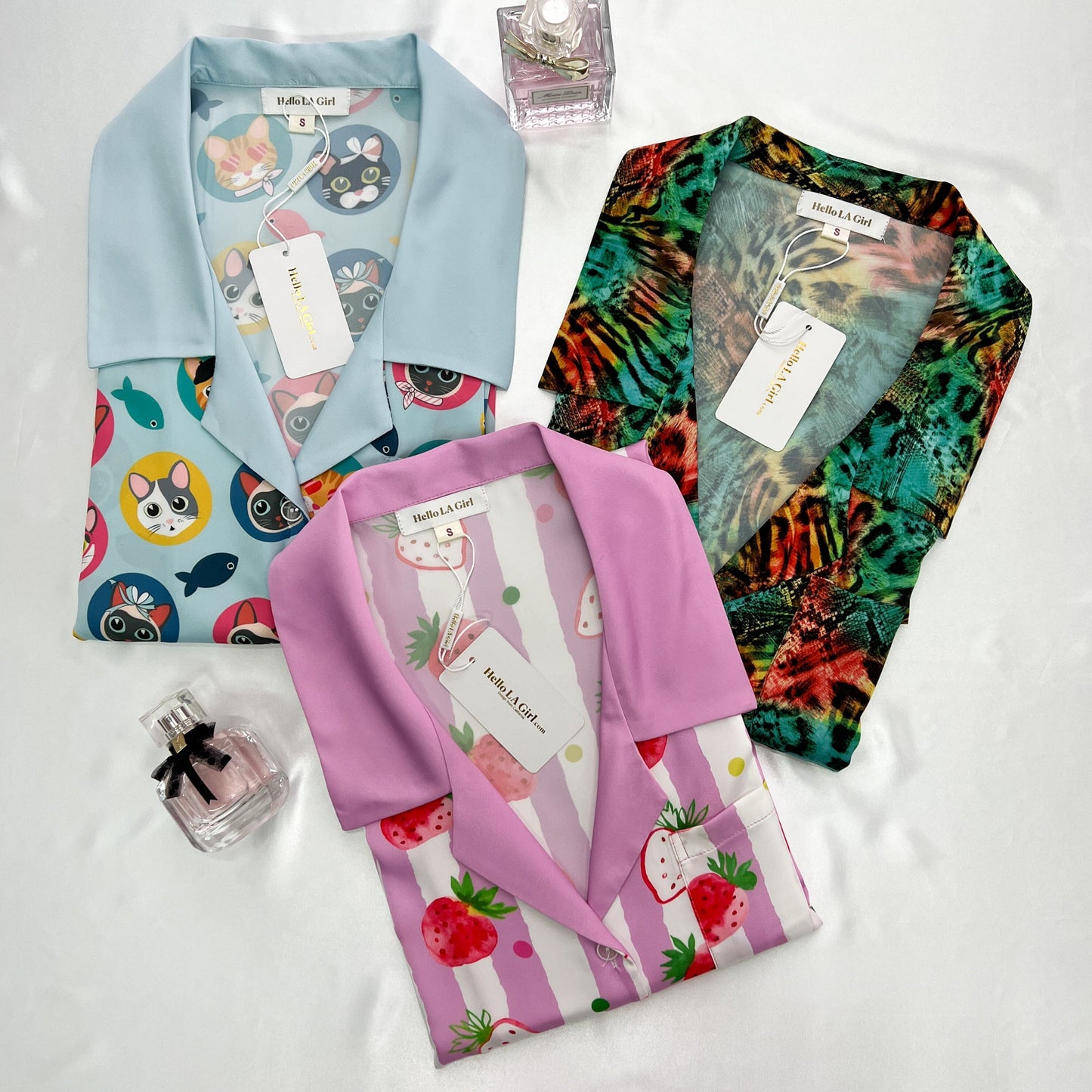 Free Shipping For Strawberries Print Pink Stripes Sleep Shirt Silky Satin Pajamas Sleepshirt