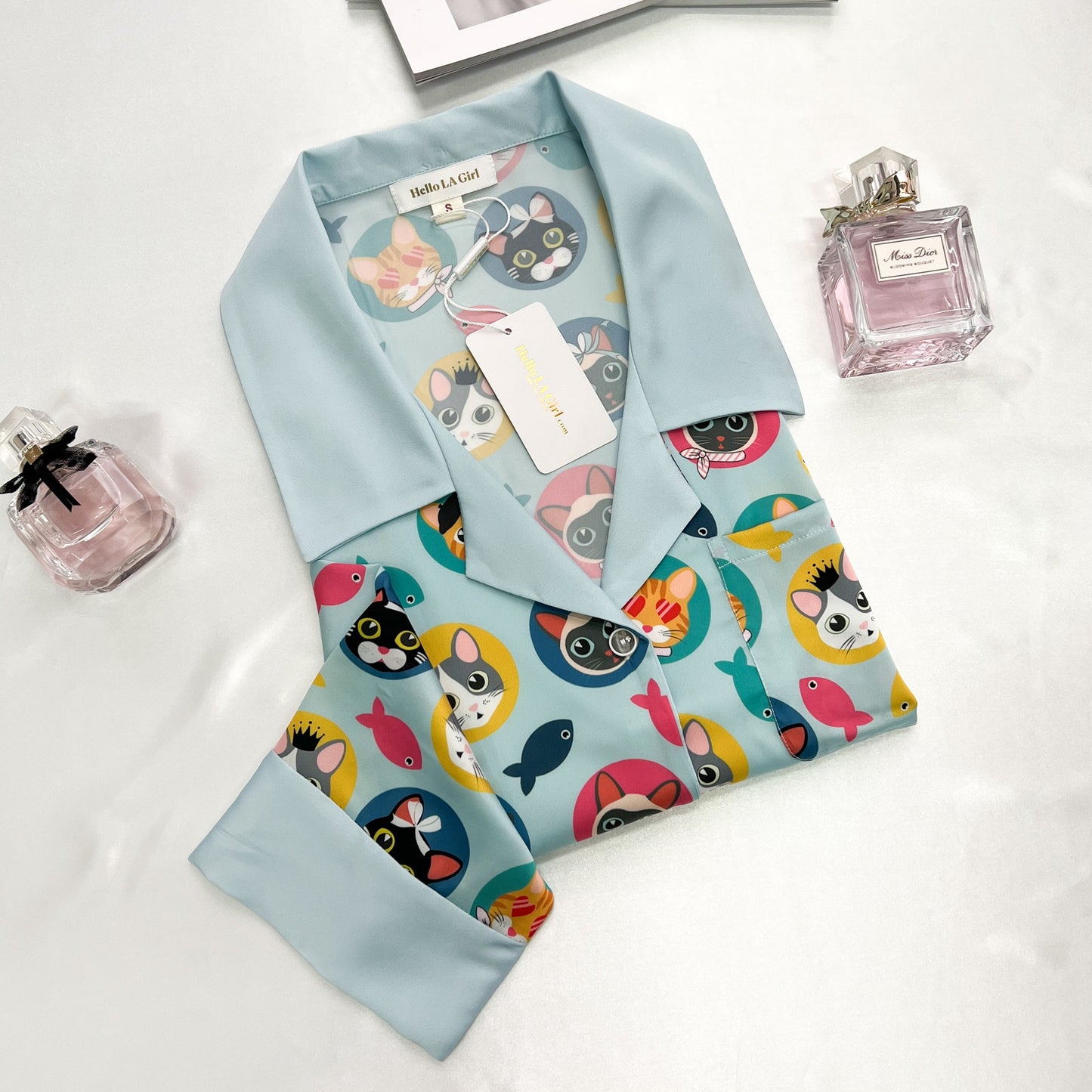 Free Shipping For Cats Print Blue Sleep Shirt Silky Satin Pajamas Sleepshirt