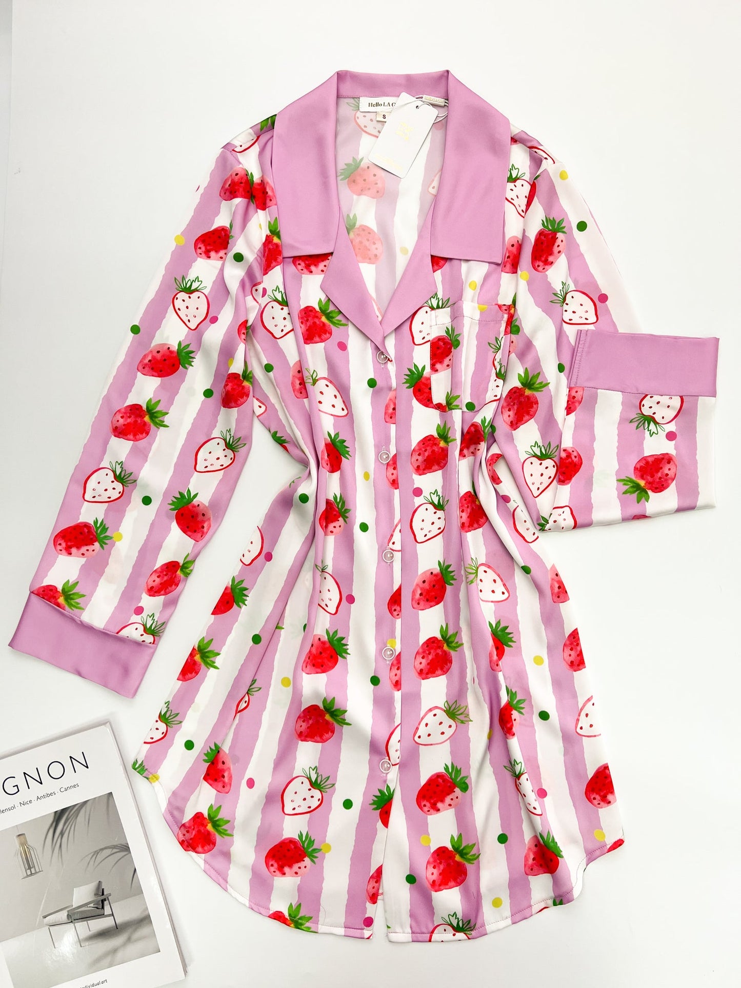 Free Shipping For Strawberries Print Pink Stripes Sleep Shirt Silky Satin Pajamas Sleepshirt