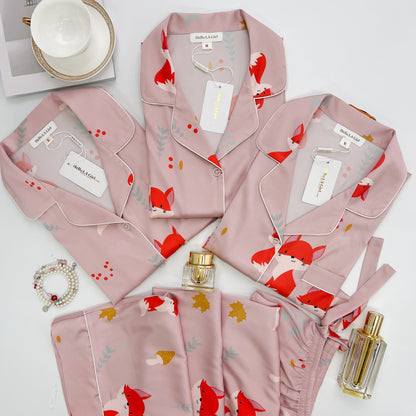 Free Shipping For Pink Fox Print Silky Satin Pajamas Set