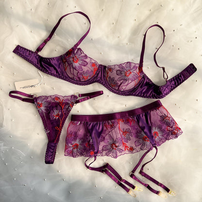 Free Shipping For Purple Satin Sheer Lace Embroidery Lingerie Set