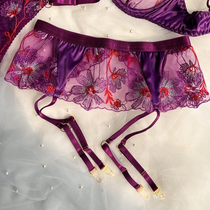 Free Shipping For Purple Satin Sheer Lace Embroidery Lingerie Set