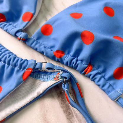 Free Shipping For Blue Polka Dot Lace Up Bikini Set