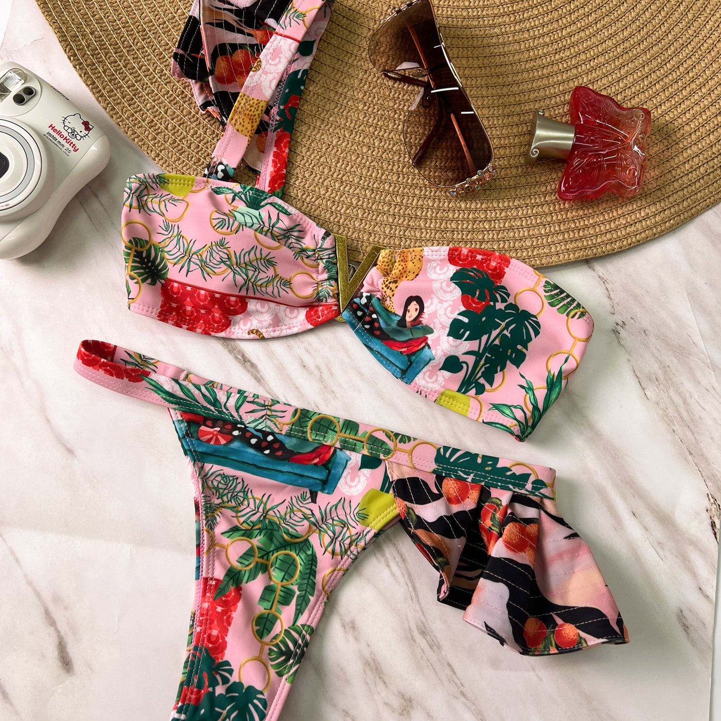 Free Shipping For Pink Tropical Print One Shoulder Ruffle Bikini Set