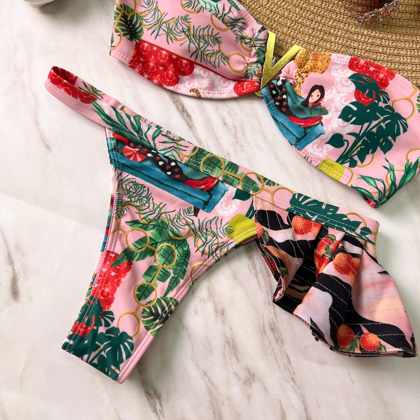 Free Shipping For Pink Tropical Print One Shoulder Ruffle Bikini Set