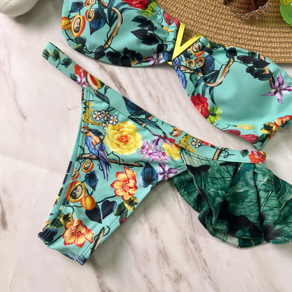 Free Shipping For Blue Floral One Shoulder Ruffle Bikini Set