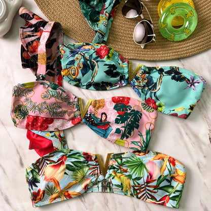 Free Shipping For Pink Tropical Print One Shoulder Ruffle Bikini Set