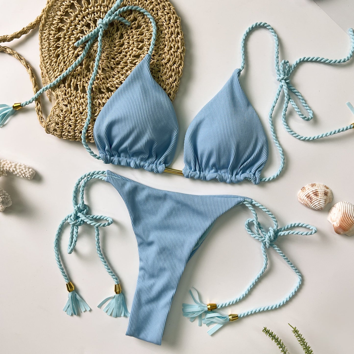 Free Shipping For Blue Solid Lace Up Bikini Set