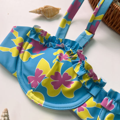 Free Shipping For Blue Ruffle Trim Bandeau Bikini Set