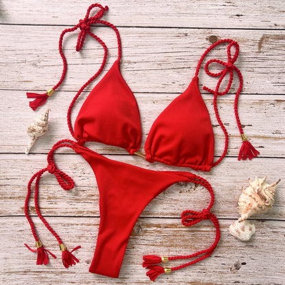 Free Shipping For Red Solid Lace Up Bikini Set