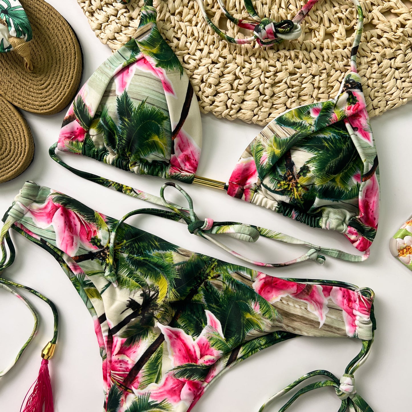 Free Shipping For Green & Pink Floral Halter Adjustable Triangle Bikini Set