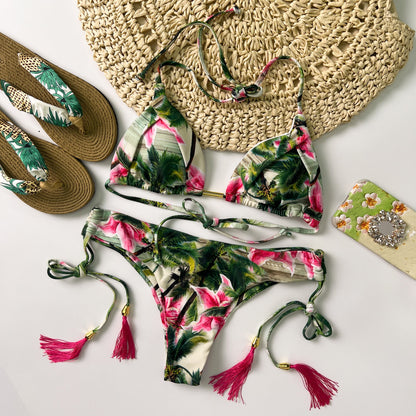 Free Shipping For Green & Pink Floral Halter Adjustable Triangle Bikini Set